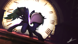 Size: 1920x1080 | Tagged: safe, artist:hardlugia, oc, oc only, oc:moonlight drop, pegasus, pony, 3d, blue coat, blue mane, clock, clock tower, dark, floor, furniture, glowing eyes, halloween, headphones, holiday, looking at you, meme, solo, source filmmaker, special eyes, white mane