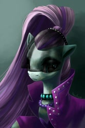 Size: 720x1084 | Tagged: safe, artist:new-house, derpibooru import, coloratura, earth pony, pony, abstract background, clothes, countess coloratura, female, jacket, jewelry, mare, necklace, ponytail, solo, veil