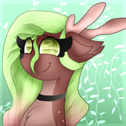 Size: 1024x1024 | Tagged: safe, artist:cottonponysfm, artist:tiz4905, oc, oc only, oc:angelablast, deer, deer pony, original species, abstract background, blue background, bust, choker, floppy ears, golden eyes, horns, solo