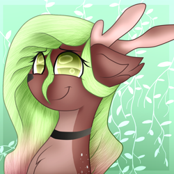 Size: 1024x1024 | Tagged: safe, artist:cottonponysfm, artist:tiz4905, oc, oc only, oc:angelablast, deer, deer pony, original species, abstract background, blue background, bust, choker, floppy ears, golden eyes, horns, solo