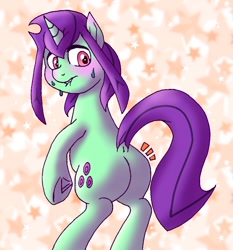 Size: 900x967 | Tagged: safe, artist:tuta suke, derpibooru import, oc, oc only, oc:possession, pony, unicorn, abstract background, dock, female, frog (hoof), lip bite, looking back, mare, plot, raised tail, rear view, solo, sweat, tail, underhoof