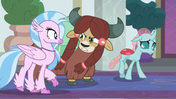 Size: 1280x720 | Tagged: safe, derpibooru import, screencap, ocellus, silverstream, yona, changedling, changeling, classical hippogriff, hippogriff, yak, school daze, cloven hooves, female, trio