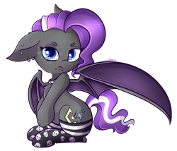 Size: 3416x2927 | Tagged: safe, artist:ashee, oc, oc only, oc:splash, bat pony, pony, bat wings, choker, clothes, cute, ear piercing, floppy ears, grumpy, lip piercing, looking at you, piercing, simple background, sitting, skull socks, snake bites, socks, solo, spread wings, tiny tail, transparent background, wings
