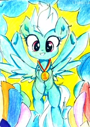 Size: 1817x2565 | Tagged: safe, artist:liaaqila, derpibooru import, fleetfoot, pegasus, pony, commission, cute, diafleetes, female, mare, medal, solo, traditional art