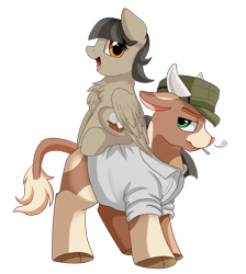 Size: 2550x2850 | Tagged: safe, artist:pridark, oc, oc only, bull, pony, cigarette, clothes, duo, hat, simple background, transparent background