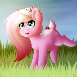 Size: 2000x2000 | Tagged: safe, artist:spirit-dude, oc, oc only, oc:strawberry milkshake, earth pony, pony, chibi, female, grass, hat, mare, smiling, solo