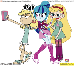 Size: 2943x2630 | Tagged: safe, artist:conikiblasu-fan, derpibooru import, sonata dusk, equestria girls, rainbow rocks, clothes, crossover, eating, female, food, leni loud, phone, selfie, simple background, sonataco, star butterfly, star vs the forces of evil, taco, the loud house, transparent background