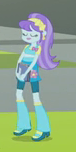 Size: 76x152 | Tagged: safe, screencap, aqua blossom, equestria girls, player piano, rainbow rocks, background human, boots, bowtie, clothes, compression shorts, cropped, eyes closed, flower, headband, high heel boots, notebook, picture for breezies, raised leg, skirt, solo