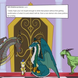 Size: 1280x1280 | Tagged: safe, artist:professor-ponyarity, oc, oc:rye, dragon, earth pony, pony, ambassador, ask, door, guard, royal guard, tumblr, tumblr comic