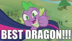 Size: 1280x720 | Tagged: safe, derpibooru import, edit, edited screencap, editor:useraccount, screencap, spike, twilight sparkle, twilight sparkle (alicorn), alicorn, dragon, best dragon, best pony, cute, excessive exclamation marks, fact, image macro, meme, thumbs up, truth