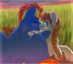Size: 1600x1400 | Tagged: safe, artist:ren', derpibooru import, oc, oc:scarlett drop, oc:wing hurricane, pony, blue, brown mane, ears, ears up, emerald eyes, eyes closed, female, grass, ground, kissing, large wings, looking at something, male, oc x oc, pigtails, red mane, scarricane, shipping, sky, stallion, sunset, wings, yellow mane