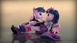 Size: 3840x2160 | Tagged: safe, artist:imafutureguitarhero, twilight sparkle, twilight sparkle (alicorn), alicorn, pony, equestria girls, 3d, adidas, clothes, hoodie, human ponidox, leg warmers, looking at each other, lying down, lying on top of someone, on back, open mouth, petting, ponied up, reflection, self ponidox, shoes, skirt, smiling, source filmmaker, tracksuit