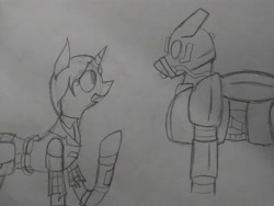 Size: 2560x1920 | Tagged: safe, artist:derpanater, derpibooru import, oc, oc only, oc:cloud dancer, oc:daisy ropes, pegasus, pony, unicorn, fallout equestria, armor, clothes, enclave, enclave armor, grand pegasus enclave, pipbuck, power armor, traditional art