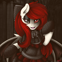 Size: 2000x2000 | Tagged: safe, artist:ciderpunk, derpibooru import, oc, oc only, oc:ribbon(vampire), bat pony, pony, undead, vampire, vampony, bat pony oc, clothes, cute, dress, eyeshadow, gloves, goth, heterochromia, looking at you, makeup, outfit, solo, victorian