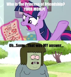 Size: 632x684 | Tagged: safe, derpibooru import, edit, edited screencap, screencap, twilight sparkle, twilight sparkle (alicorn), alicorn, marks for effort, angry, muscle man, paper, regular show, your mom