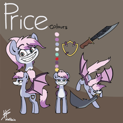 Size: 5333x5333 | Tagged: safe, artist:pencilbrony, derpibooru import, oc, oc:price, dracony, pony, comic:purple flame mercenary, absurd resolution, comic, female, grin, half-dragon, mare, mercenary, mouth hold, reference sheet, smiling, sword, weapon