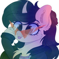 Size: 1024x1024 | Tagged: safe, artist:_spacemonkeyz_, derpibooru import, oc, pony, unicorn, curved horn, female, kamina sunglasses, mare, simple background, solo, tongue out, transparent background