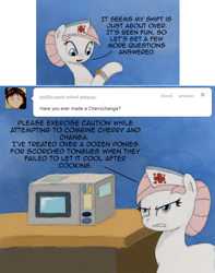 Size: 1200x1520 | Tagged: safe, artist:hewison, derpibooru import, nurse redheart, pony, ask, ask pun, microwave, solo, watch, wristwatch