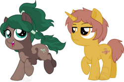 Size: 1024x679 | Tagged: safe, artist:tambelon, oc, oc only, oc:terracota jade, oc:ward, earth pony, pony, unicorn, chibi, duo, female, male, mare, simple background, stallion, transparent background, unamused, watermark