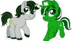 Size: 1024x594 | Tagged: safe, artist:tambelon, oc, oc only, oc:jade crescent, oc:verdent comet, pony, unicorn, chibi, duo, hat, male, simple background, stallion, transparent background, unshorn fetlocks, watermark