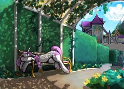 Size: 2704x1952 | Tagged: safe, artist:raster dreams, derpibooru import, oc, oc only, oc:ley line, pony, unicorn, canterlot, hedge maze, male, outdoors, sleeping, solo