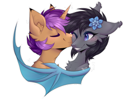 Size: 1005x795 | Tagged: safe, artist:monogy, derpibooru import, oc, oc only, oc:seachell, oc:sharkbutt, bat pony, pony, unicorn, female, flower, flower in hair, kiss on the cheek, kissing, male, oc x oc, sharkchell, shipping, simple background, straight, transparent background