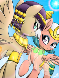 Size: 1855x2432 | Tagged: safe, artist:yorozpony, derpibooru import, queen cleopatrot, somnambula, pegasus, pony, bedroom eyes, blushing, cute, duo, duo female, egyptian, eyeshadow, female, glowpaz, lens flare, makeup, mare, somnambetes, spread wings, sun, uraeus, veil, wings