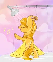 Size: 2000x2343 | Tagged: safe, artist:meekcheep, oc, oc only, oc:dawn gleam, mothpony, original species, pony, bipedal, eyes closed, female, fluffy, mare, music notes, shower, showering, singing, singing in the shower, solo, unshorn fetlocks