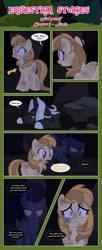 Size: 1919x4724 | Tagged: safe, artist:estories, oc, oc only, oc:alice goldenfeather, oc:möbius, oc:penumbra, pegasus, pony, unicorn, comic:find yourself, absurd resolution, comic, female, male, mare, rock, stallion