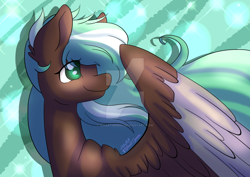 Size: 1024x724 | Tagged: safe, artist:wasatgemini, derpibooru import, oc, oc only, pegasus, pony, abstract background, bust, colored pupils, colored wings, colored wingtips, ear fluff, female, large wings, long mane, looking back, mare, signature, smiling, solo, spread wings, two toned wings, watermark, wings