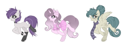 Size: 1024x367 | Tagged: safe, artist:mintoria, derpibooru import, oc, oc only, earth pony, pegasus, pony, unicorn, clothes, dress, female, mare, scarf, simple background, socks, transparent background