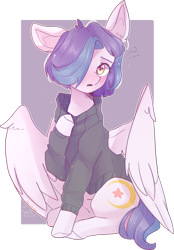 Size: 1024x1473 | Tagged: safe, artist:emily-826, derpibooru import, oc, oc only, oc:shylu, pegasus, pony, clothes, female, hair over one eye, hoodie, mare, sitting, solo