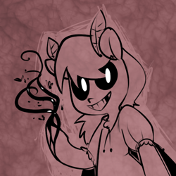 Size: 600x600 | Tagged: safe, artist:anonymous, oc, oc only, mothpony, original species, semi-anthro, black goo, blouse, creepy, creepy grin, female, gap teeth, grin, looking at you, mare, raised hoof, smiling, solo