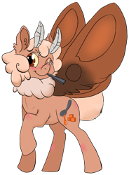 Size: 691x940 | Tagged: safe, artist:anonymous, oc, oc only, oc:caramel, mothpony, original species, pony, ear fluff, female, looking at you, mare, one eye closed, raised hoof, simple background, smiling, solo, transparent background, wing fluff, wink