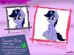 Size: 2048x1536 | Tagged: safe, artist:kimjoman, derpibooru import, oc, oc only, oc:purple flix, pony, unicorn, chest fluff, commission, commission info, cute, heart, heart eyes, male, sitting, solo, wingding eyes