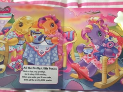 Size: 1280x960 | Tagged: safe, artist:lyn fletcher, derpibooru import, butterscotch (g3), scootaloo (g3), g3, all the pretty little horses, bumbleberry, clothes, dreamy songs, food, lullaby, nightgown, plushie, rocking chair, slippers, song, tea, tea party, teabag