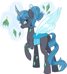 Size: 2202x2404 | Tagged: safe, artist:toods, derpibooru import, oc, oc only, oc:queen polistae, changeling, changeling queen, blue changeling, changeling queen oc, crystal, female, hair bun, raised hoof, simple background, solo, transparent background