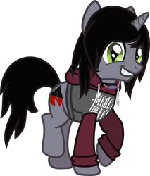 Size: 1041x1224 | Tagged: safe, artist:lightningbolt, derpibooru exclusive, derpibooru import, pony, unicorn, .svg available, clothes, disguise, disguised siren, fangs, grin, hair over one eye, hoodie, horn, jewelry, kellin quinn, looking at you, male, necklace, open mouth, pierce the veil, ponified, shirt, simple background, sleeping with sirens, slit eyes, smiling, solo, stallion, svg, teeth, transparent background, undershirt, vector