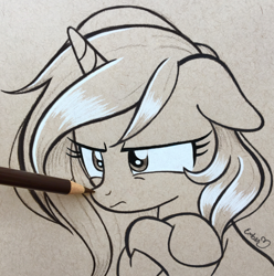 Size: 2748x2769 | Tagged: safe, artist:emberslament, derpibooru import, oc, oc only, pony, unicorn, angry, arm hooves, boop, colored pencils, commission, cute, female, floppy ears, grumpy, madorable, mare, pencil boop, photo, sketch, solo, traditional art