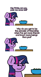 Size: 1280x2400 | Tagged: safe, artist:ljdamz1119, derpibooru import, pinkie pie, twilight sparkle, twilight sparkle (alicorn), alicorn, earth pony, pony, comic, dialogue, female, food, mare, offscreen character, princess of friendship, salad, salt, salty