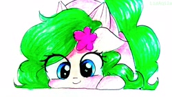 Size: 3934x2212 | Tagged: safe, artist:liaaqila, derpibooru import, oc, oc only, oc:blossom, pony, female, looking at you, mare, simple background, smiling, solo, traditional art