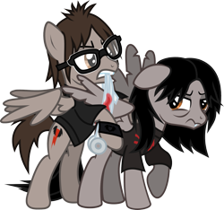 Size: 1495x1399 | Tagged: safe, artist:lightningbolt, derpibooru exclusive, pegasus, pony, .svg available, angry, annoyed, bags under eyes, bandage, bipedal, bipedal leaning, blood, broken wing, brothers, clandestine industries, clothes, duo, duo male, emo, fangs, floppy ears, gerard way, glasses, gritted teeth, injured, irritated, leaning, long tail, looking back, male, mikey way, mouth hold, my chemical romance, ponified, raised hoof, shirt, short tail, simple background, stallion, standing, svg, t-shirt, tattered, transparent background, vector, wristband