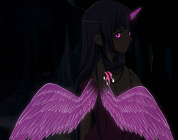 Size: 3178x2500 | Tagged: safe, artist:srtagiuu, twilight sparkle, twilight sparkle (alicorn), alicorn, human, clothes, dark, female, horn, horned humanization, humanized, looking back, magic, solo, winged humanization, wings