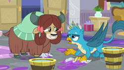 Size: 1280x720 | Tagged: safe, derpibooru import, screencap, gallus, yona, griffon, yak, the hearth's warming club, bow, cloven hooves, female, hair bow, male, monkey swings