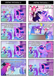 Size: 620x877 | Tagged: safe, artist:sweetsound, derpibooru import, twilight sparkle, twilight sparkle (alicorn), alicorn, original species, succubus, youkai, 4koma, blue mane, blue tail, blushing, book, bookshelf, chair, comic, crossover, game of thrones, glasses, hat, horn, indoors, koakuma, library, light skin, long hair, long mane, long tail, mob cap, necktie, open mouth, patchouli knowledge, pink mane, pink tail, purple hair, purple mane, purple tail, red hair, ribbon, sitting, smiling, standing, table, tail, touhou, translation, window, wings