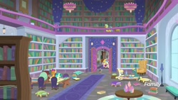 Size: 1920x1080 | Tagged: safe, derpibooru import, screencap, citrine spark, fire quacker, sandbar, smolder, spike, summer breeze, yona, dragon, pony, molt down, book, discovery family logo, friendship student, library, reading, twilight fuel