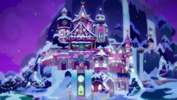 Size: 1280x720 | Tagged: safe, derpibooru import, screencap, the hearth's warming club, architecture, beautiful, christmas, christmas lights, holiday, scenery, school of friendship, snow