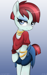 Size: 1442x2272 | Tagged: safe, artist:yorozpony, derpibooru import, valley glamour, pegasus, pony, fake it 'til you make it, belly button, clothes, female, mare, midriff, solo