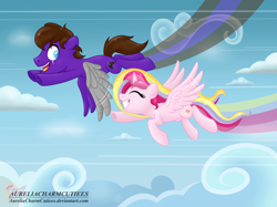 Size: 2748x2059 | Tagged: safe, artist:raspberrystudios, derpibooru import, oc, oc only, oc:aurelia charm, oc:nightwind, alicorn, alicorn oc, cloud, commission, flight, flight trail, friendship, mech wings, race, racing, sky