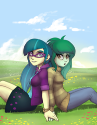 Size: 2851x3656 | Tagged: safe, artist:gabbslines, derpibooru import, juniper montage, wallflower blush, better together, equestria girls, forgotten friendship, movie magic, spoiler:eqg specials, blushing, clothes, cloud, fanfic art, female, freckles, glasses, grass, juniblush, legs, lesbian, pigtails, shipping, sitting, skirt, sky, smiling